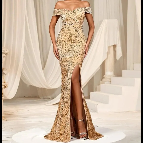 Fairiesty Off Shoulder Split Sequin Mermaid Dress - Picture 1 of 5
